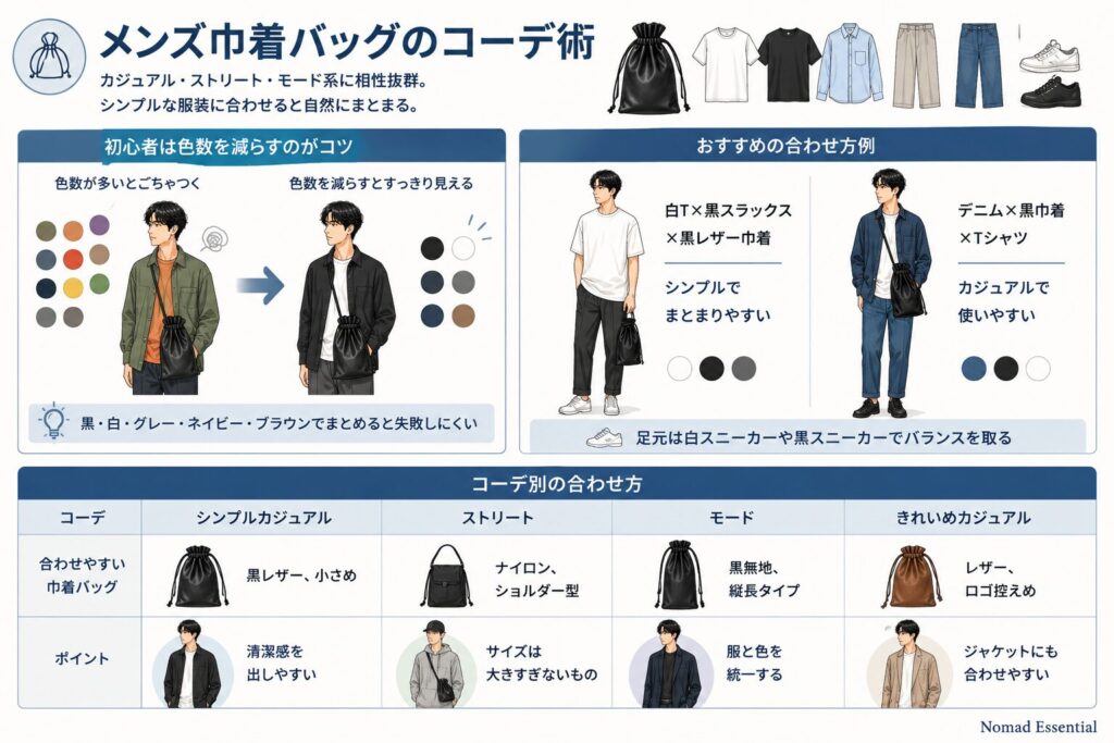メンズ巾着バッグのコーデ術