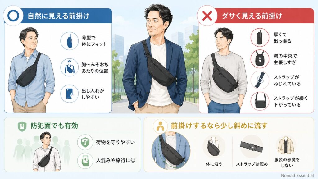 ボディバッグの前掛けはダサい？