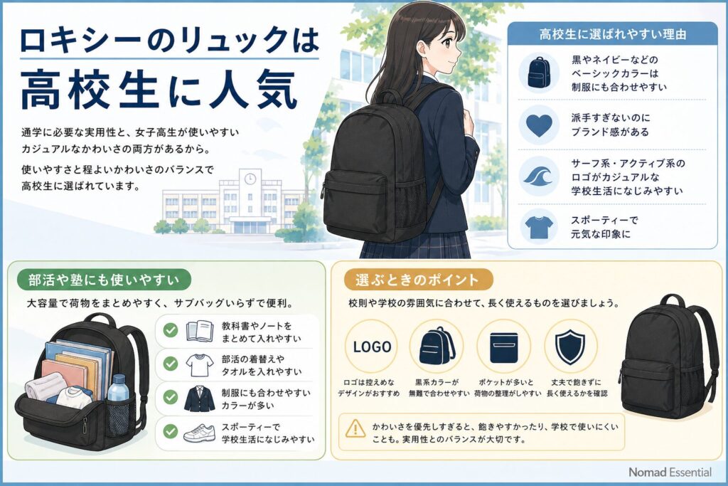 ロキシーのリュックは高校生に人気