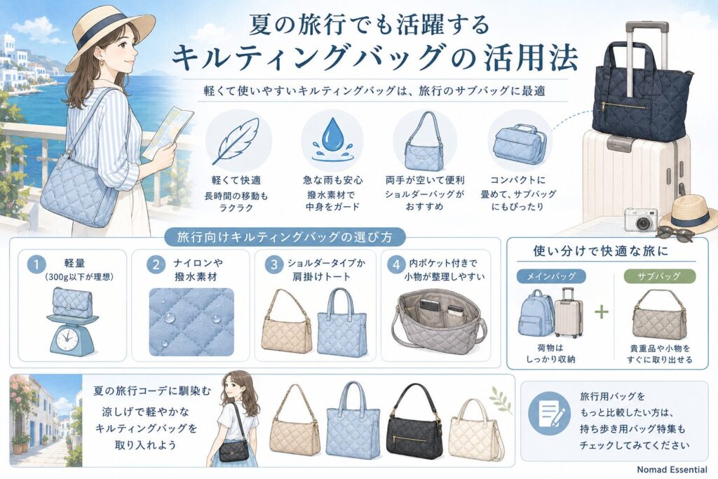 夏の旅行でも活躍するキルティングバッグの活用法