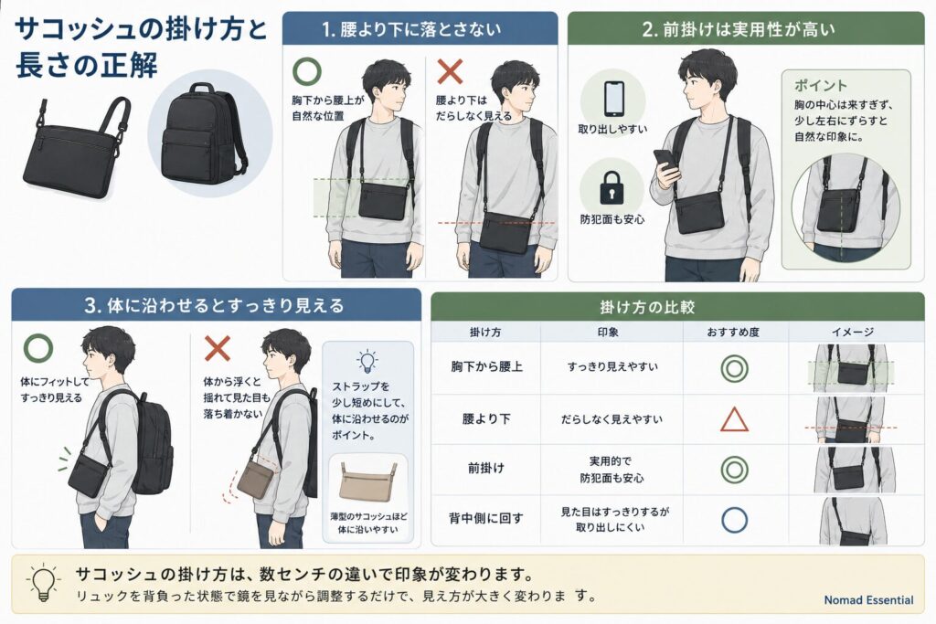 サコッシュの掛け方と長さの正解