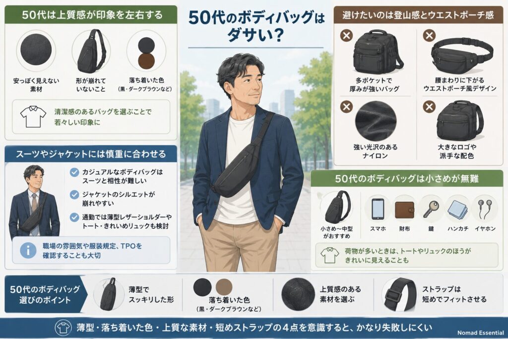 50代のボディバッグはダサい？