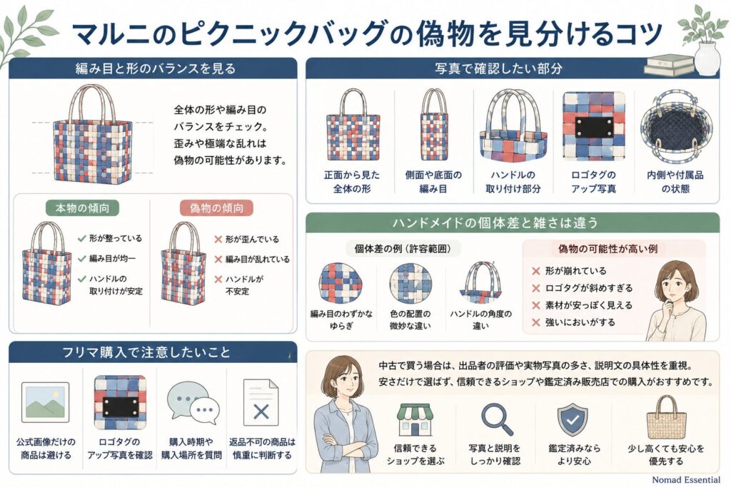 マルニのピクニックバッグの偽物を見分けるコツ