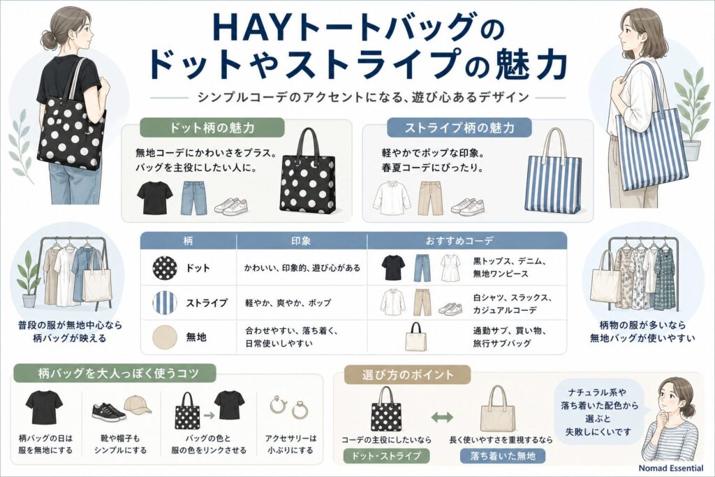 HAYトートバッグのドットやストライプの魅力
