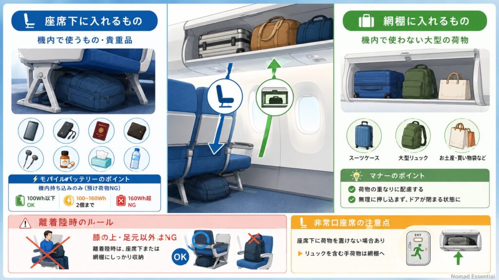 座席下に置くべき荷物と網棚に入れる荷物の使い分け