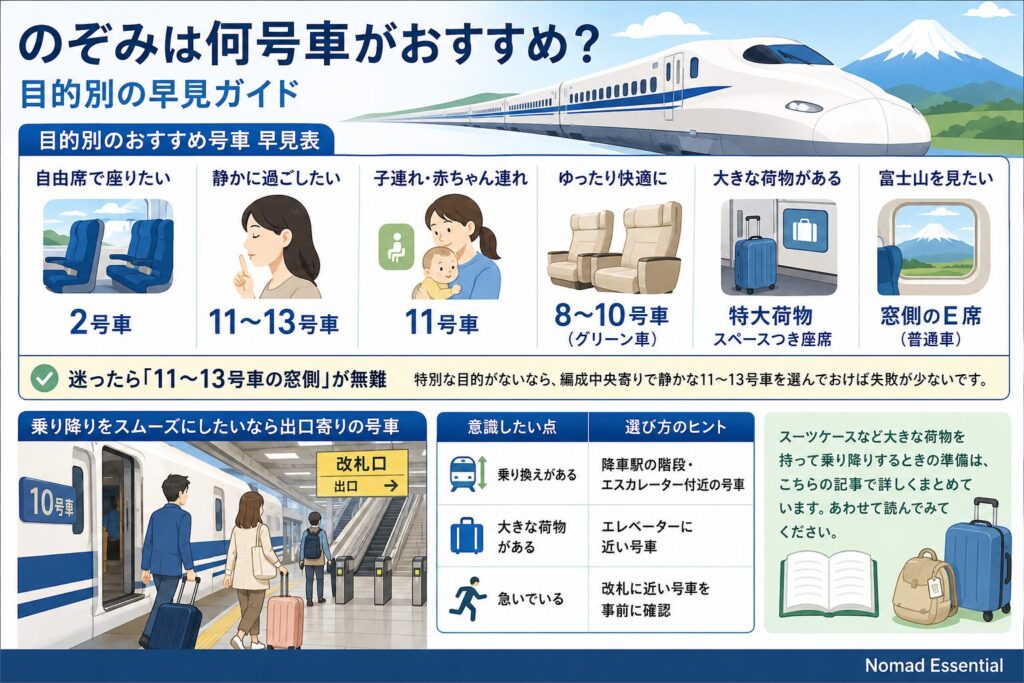のぞみは何号車がおすすめ?目的別の早見ガイド
