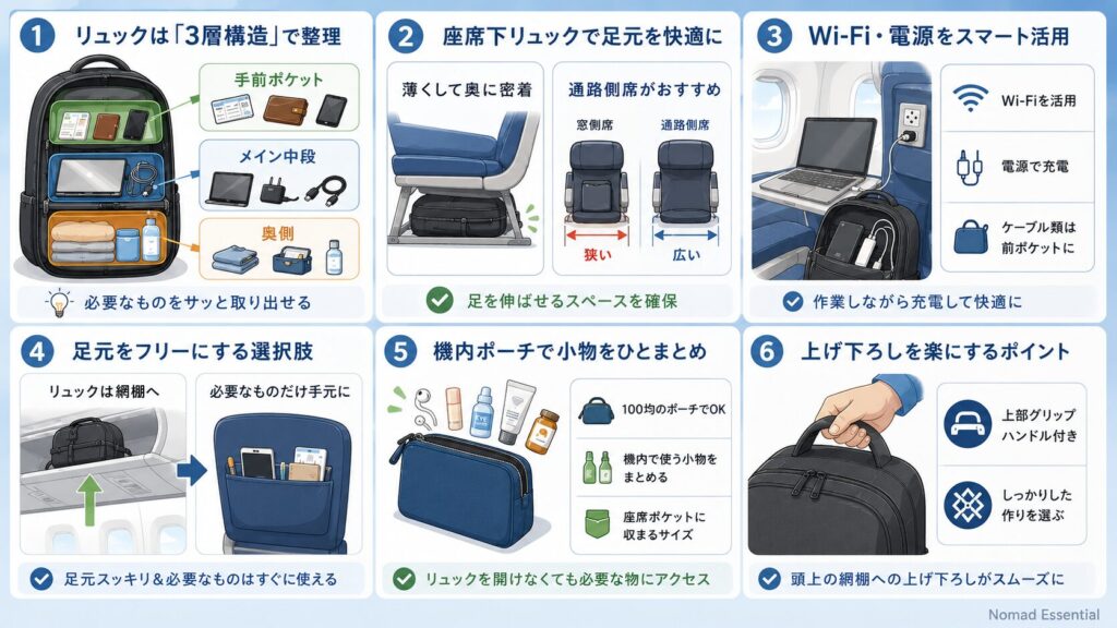 機内で快適に過ごすためのリュック収納術