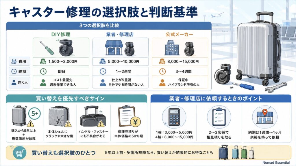 キャスター修理 vs 業者依頼 vs 買い替えの判断基準