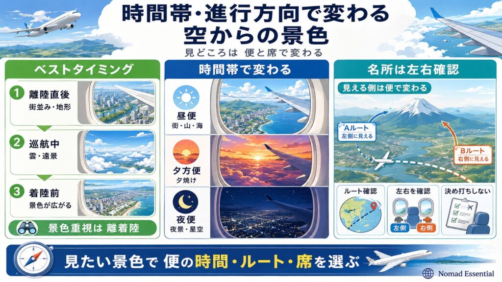 時間帯・進行方向で変わる空からの景色