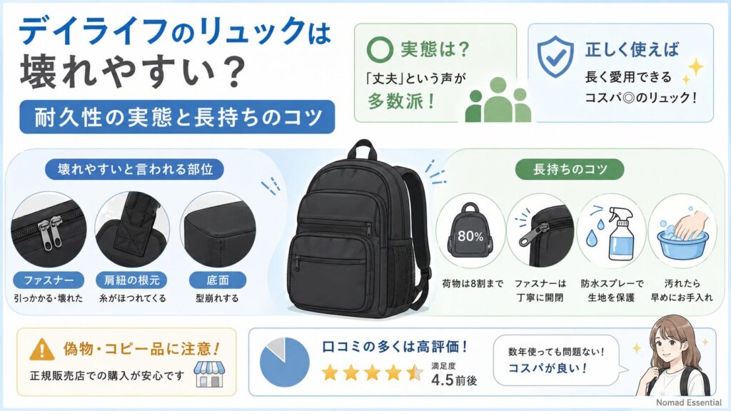 デイライフのリュックは壊れやすい?耐久性の実態