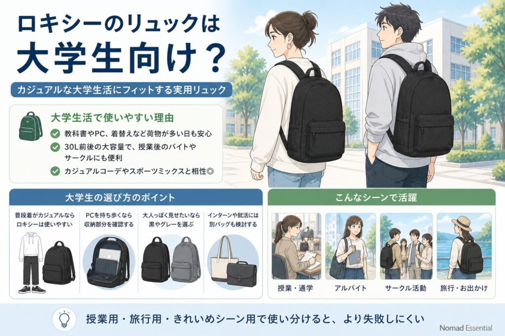 ロキシーのリュックは大学生向け？