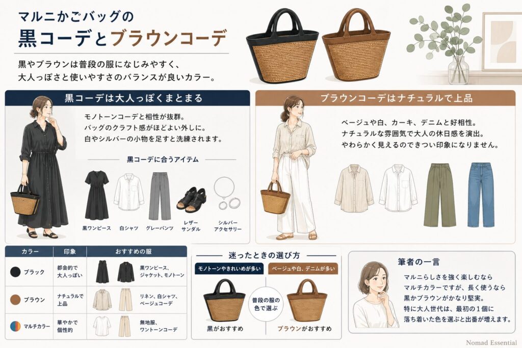 マルニかごバッグの黒コーデとブラウンコーデ