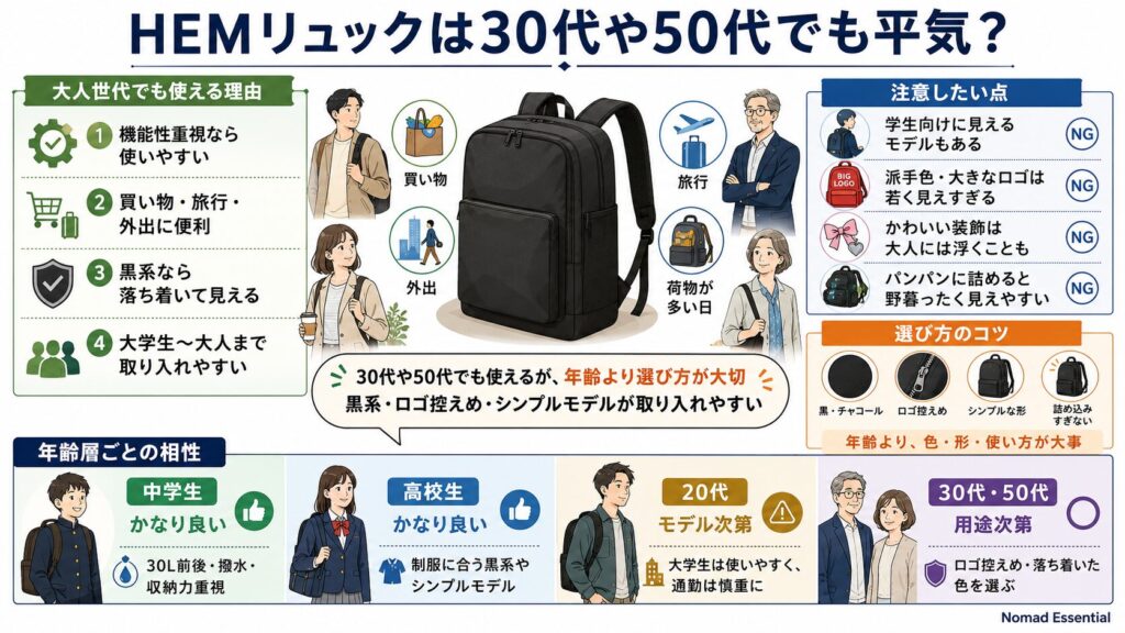 HEMリュックは30代や50代でも平気？
