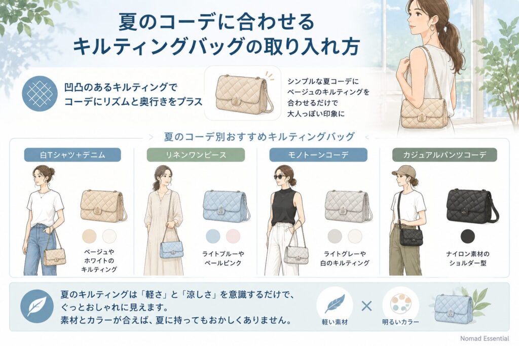 夏のコーデに合わせるキルティングバッグの取り入れ方