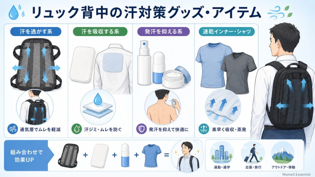 リュック背中の汗対策グッズ・アイテム
