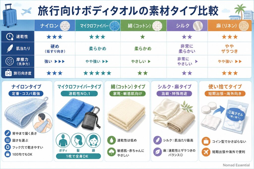 旅行向けボディタオルの素材タイプと特徴比較