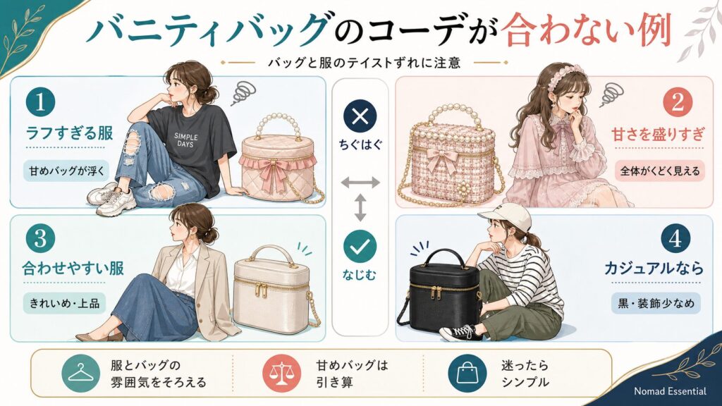 バニティバッグのコーデが合わない例