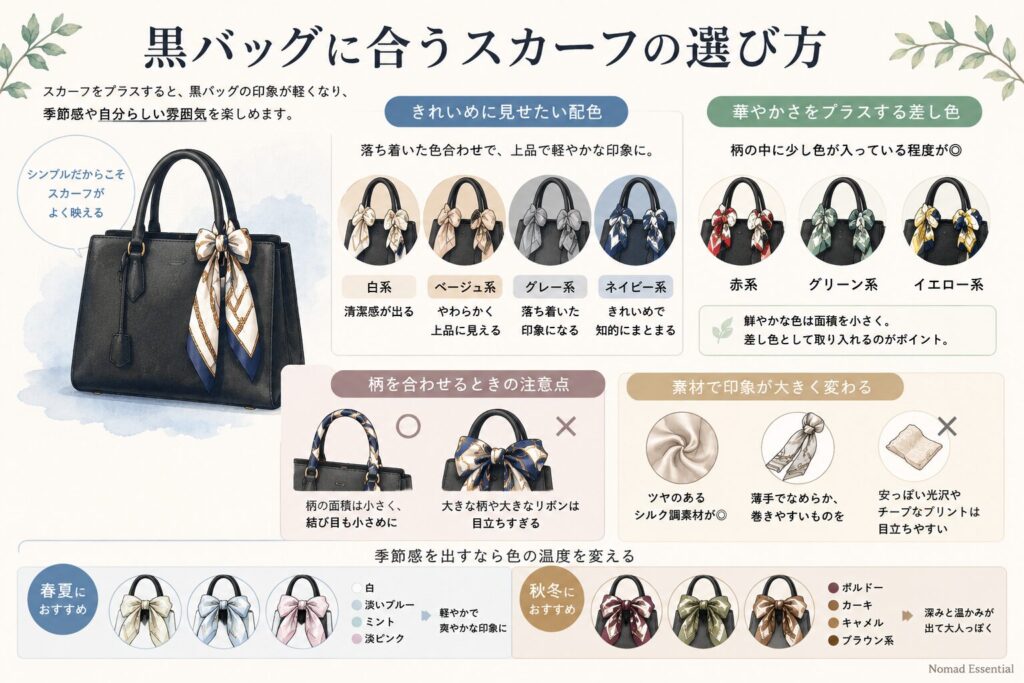 黒バッグに合うスカーフの選び方