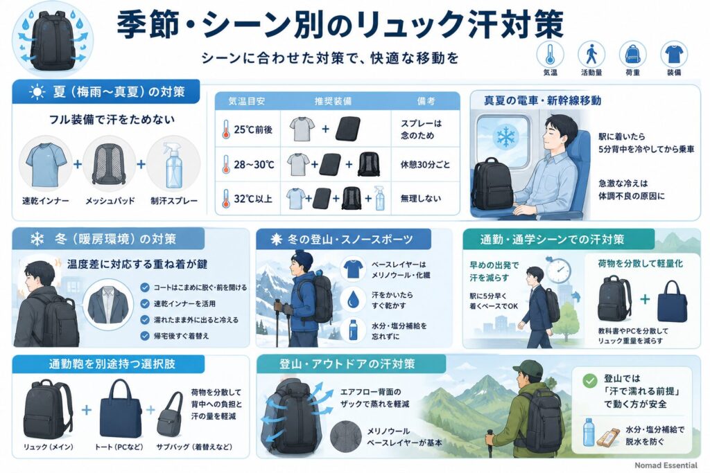 季節・シーン別のリュック汗対策