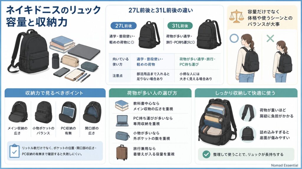 ネイキドニスのリュックの容量と収納力