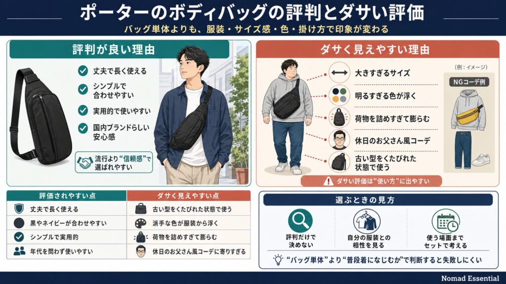 ポーターのボディバッグの評判とダサい評価