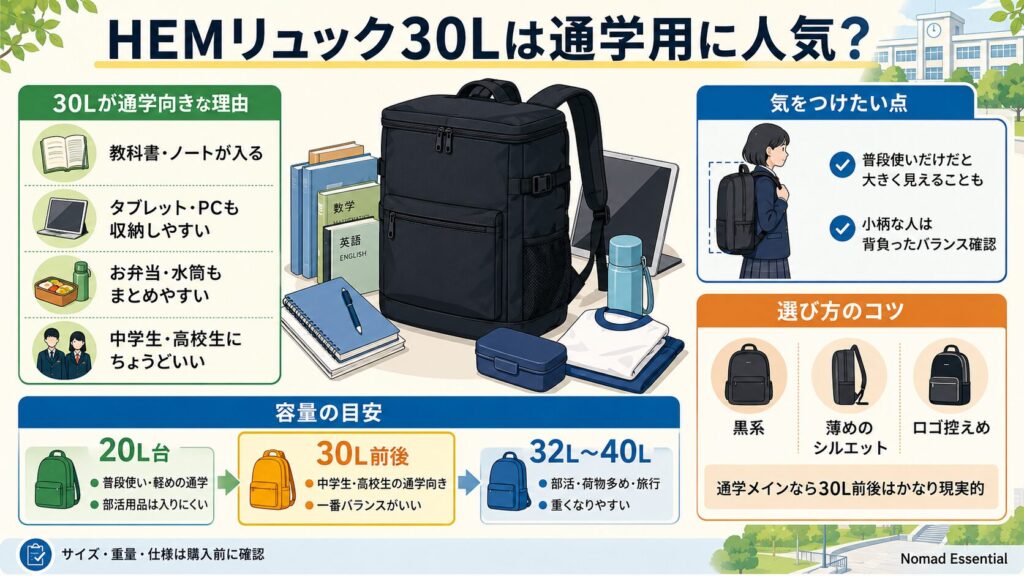 HEMリュック30Lは通学用に人気？
