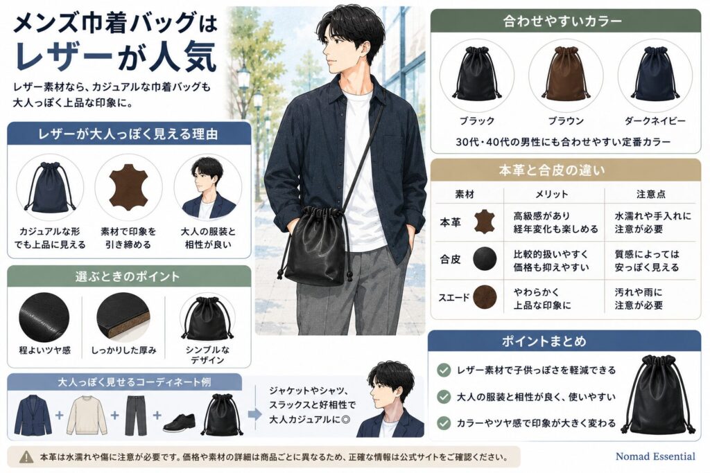 メンズ巾着バッグはレザーが人気