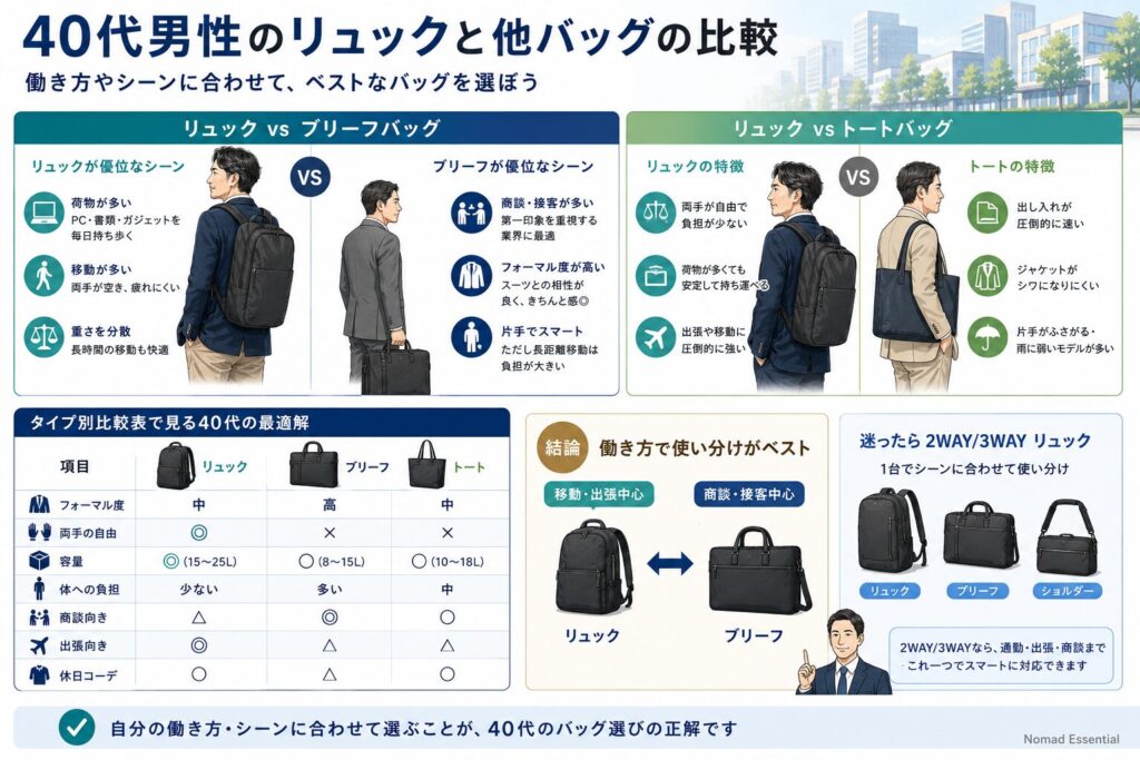 40代男性のリュックと他バッグの比較