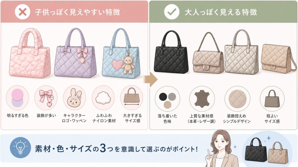 子供っぽく見えるキルティングバッグの特徴