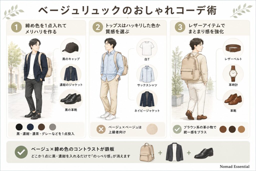 ベージュリュックのおしゃれコーデ術