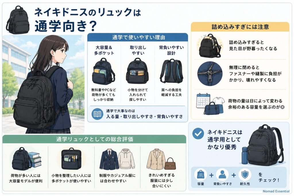 ネイキドニスのリュックは通学向き？