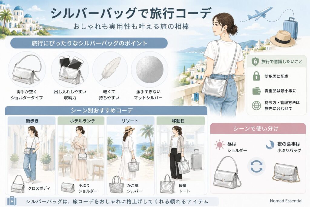 シルバーバッグで旅行コーデ