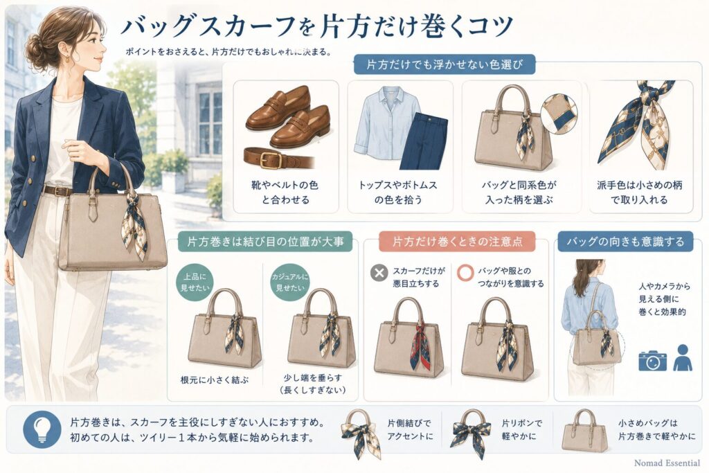 バッグスカーフを片方だけ巻くコツ