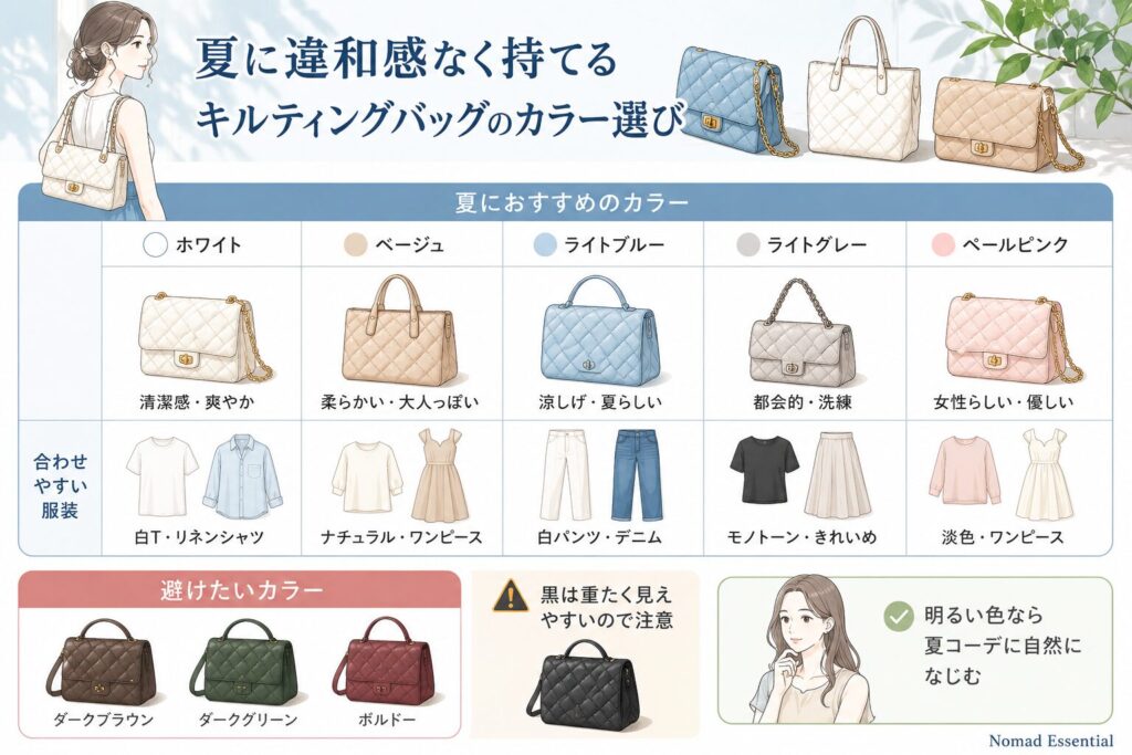 夏に違和感なく持てるキルティングバッグのカラー選び
