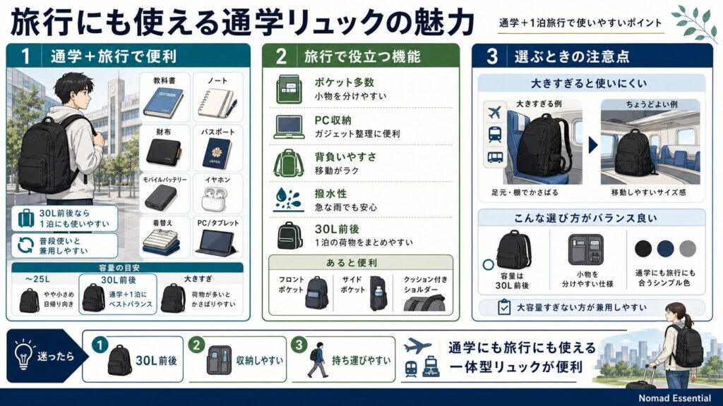 旅行にも使える通学リュックの魅力