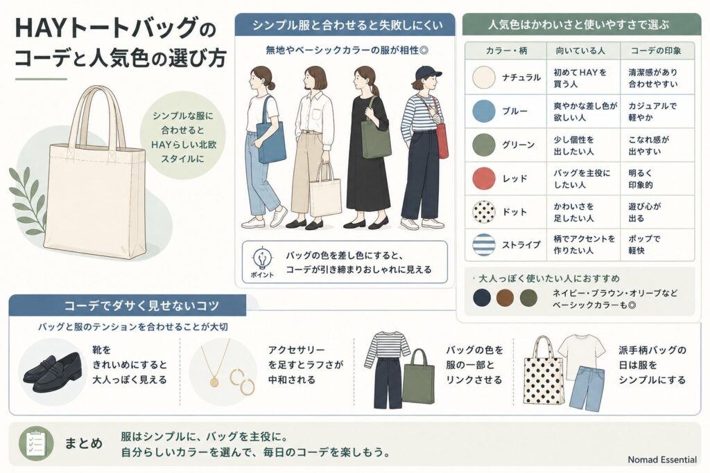 HAYトートバッグのコーデと人気色の選び方