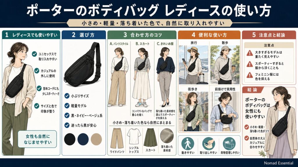 ポーターのボディバッグレディースの使い方