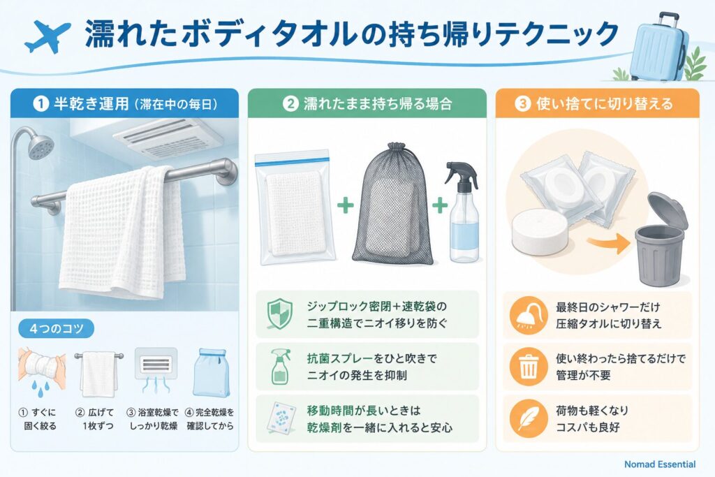 濡れたボディタオルの持ち帰りテクニック