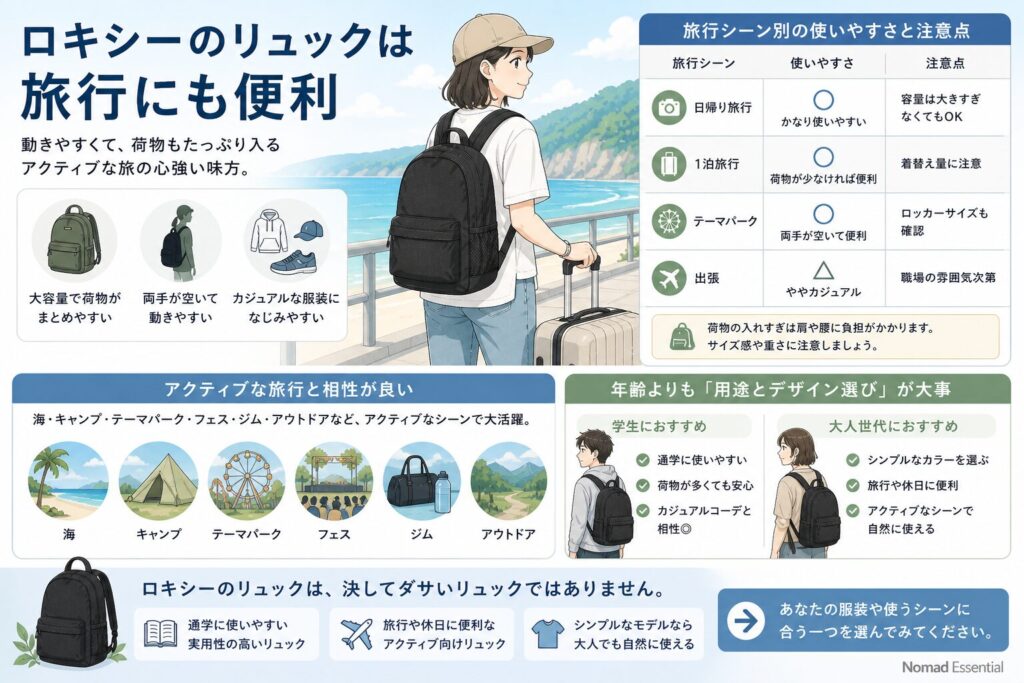 ロキシーのリュックは旅行にも便利