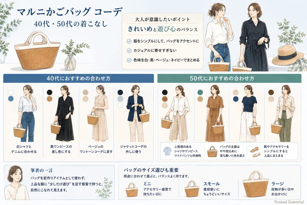 マルニかごバッグコーデ40代50代の着こなし