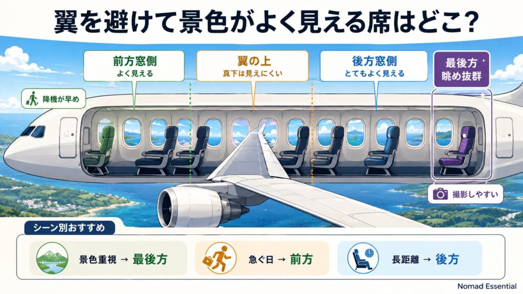 翼を避けて景色がよく見える席はどこ？