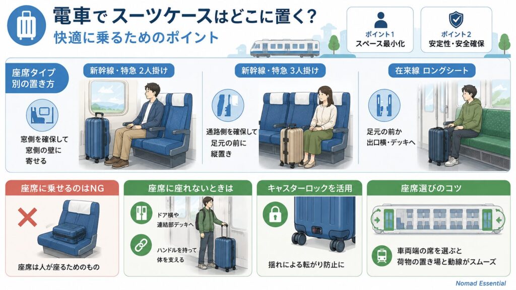 電車でスーツケースと一緒に座る座り方のコツ