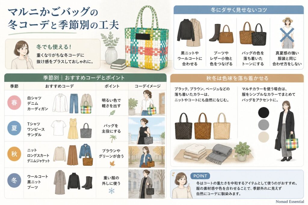 マルニかごバッグの冬コーデと季節別の工夫