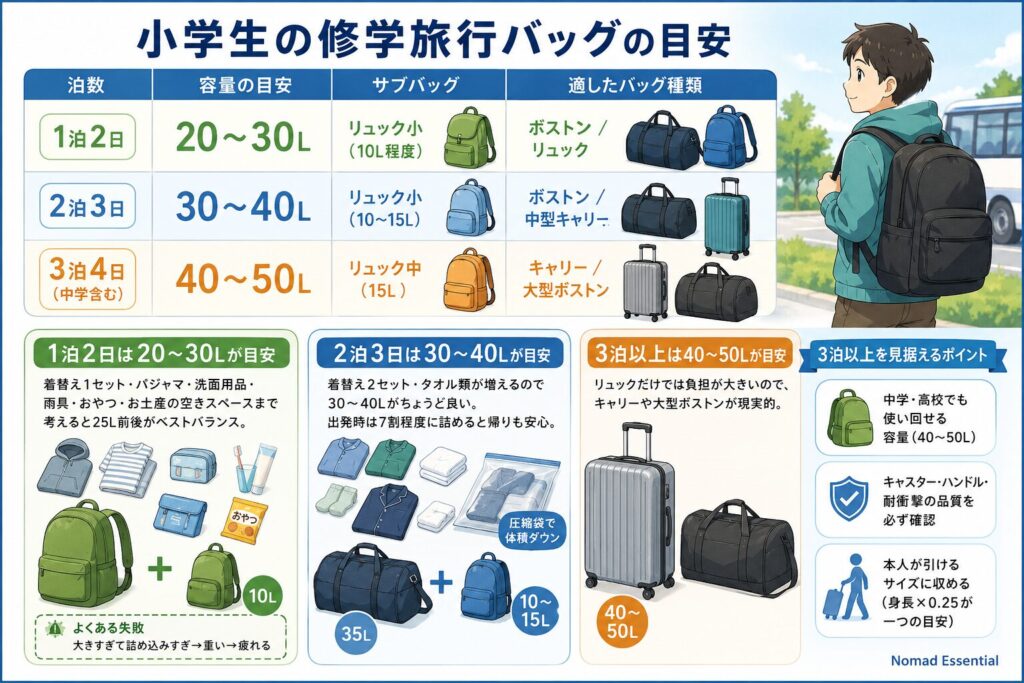 小学生の修学旅行バッグは何リットルが基本目安か