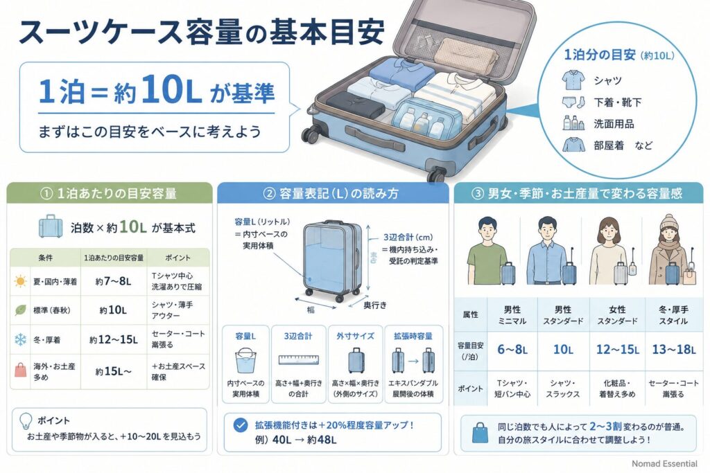 スーツケース容量の基本目安と1泊あたりリットル