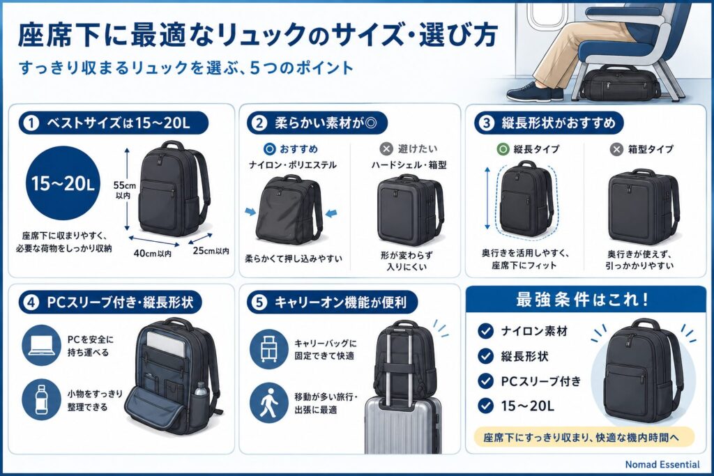 座席下に最適なリュックのサイズ・選び方