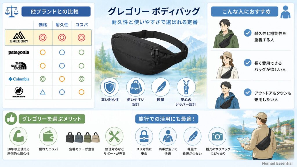 グレゴリーと他ボディバッグブランドとの比較