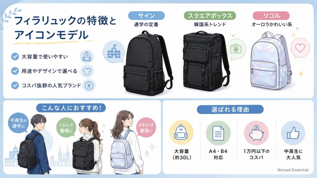 フィラリュックの特徴とアイコンモデル