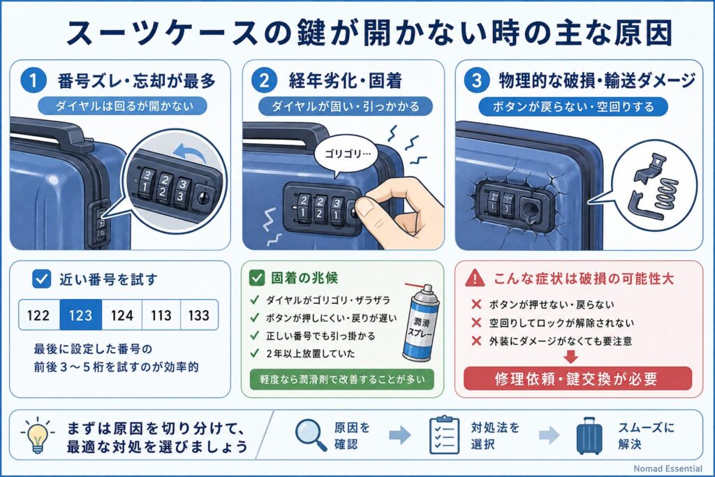 スーツケースの鍵が開かない時の主な原因
