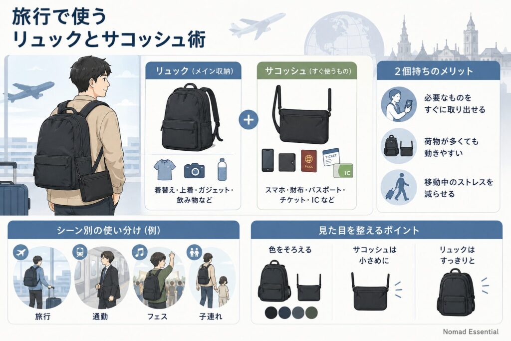 旅行で使うリュックとサコッシュ術
